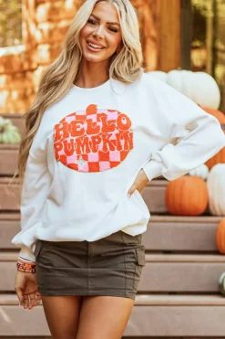 Online Dear-Lover Terry Halloween Pumpkin Patched Pattern Pullover Sweatshirt White