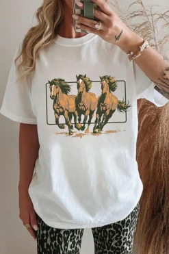 Discount Dear-Lover Texas Horse Graphic Cuffed Sleeve Graphic T Shirt White