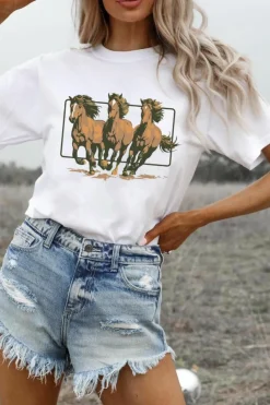Discount Dear-Lover Texas Horse Graphic Cuffed Sleeve Graphic T Shirt White