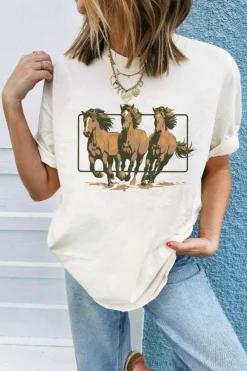 Discount Dear-Lover Texas Horse Graphic Cuffed Sleeve Graphic T Shirt White