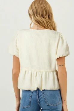 Hot Dear-Lover Textured Bow Ties Front Bubble Hem Puff Short Sleeve Blouse White