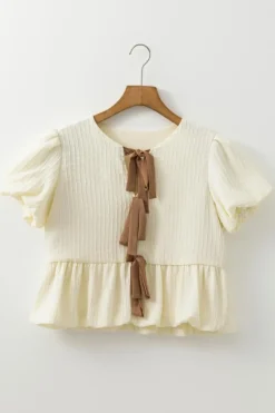 Hot Dear-Lover Textured Bow Ties Front Bubble Hem Puff Short Sleeve Blouse White