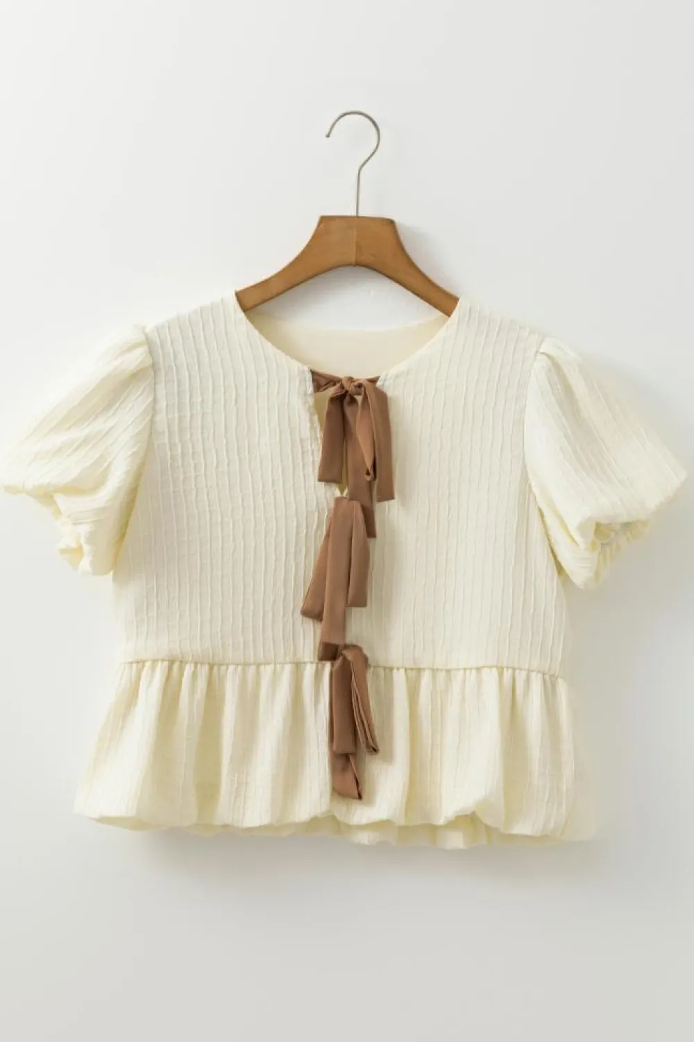 Hot Dear-Lover Textured Bow Ties Front Bubble Hem Puff Short Sleeve Blouse White