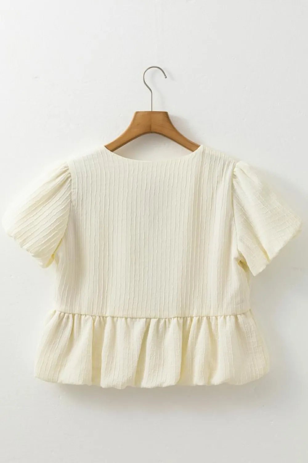 Hot Dear-Lover Textured Bow Ties Front Bubble Hem Puff Short Sleeve Blouse White