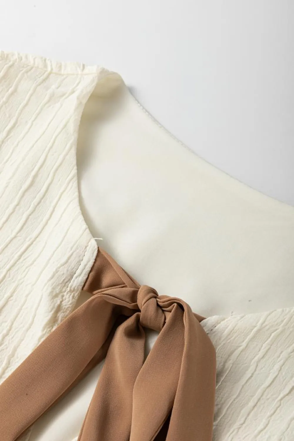 Hot Dear-Lover Textured Bow Ties Front Bubble Hem Puff Short Sleeve Blouse White