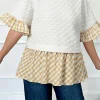 Fashion Dear-Lover Textured Checker Contrast Print Ruffled Sleeve Blouse White