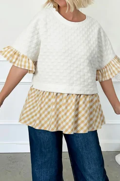 Fashion Dear-Lover Textured Checker Contrast Print Ruffled Sleeve Blouse White