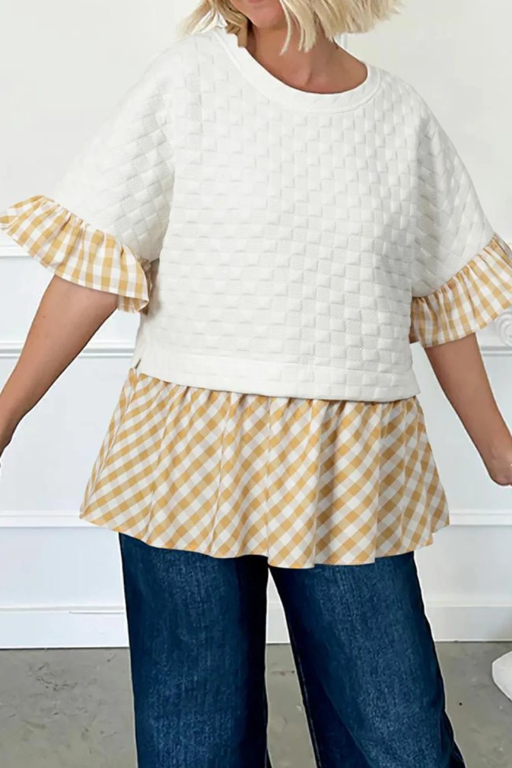 Fashion Dear-Lover Textured Checker Contrast Print Ruffled Sleeve Blouse White