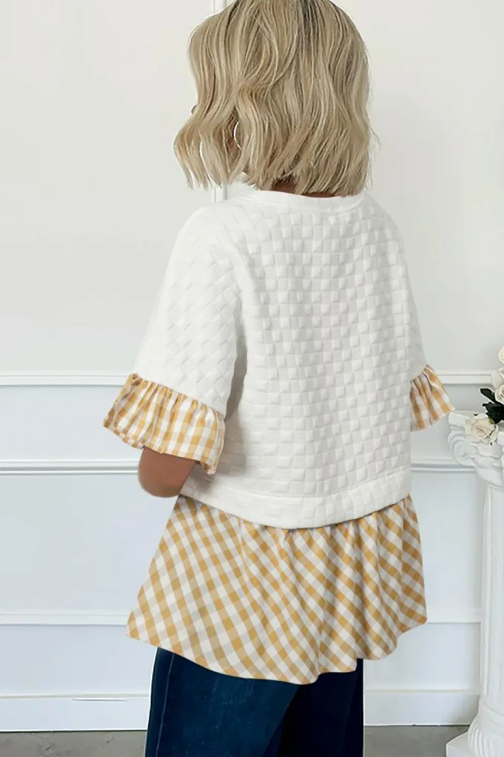 Fashion Dear-Lover Textured Checker Contrast Print Ruffled Sleeve Blouse White