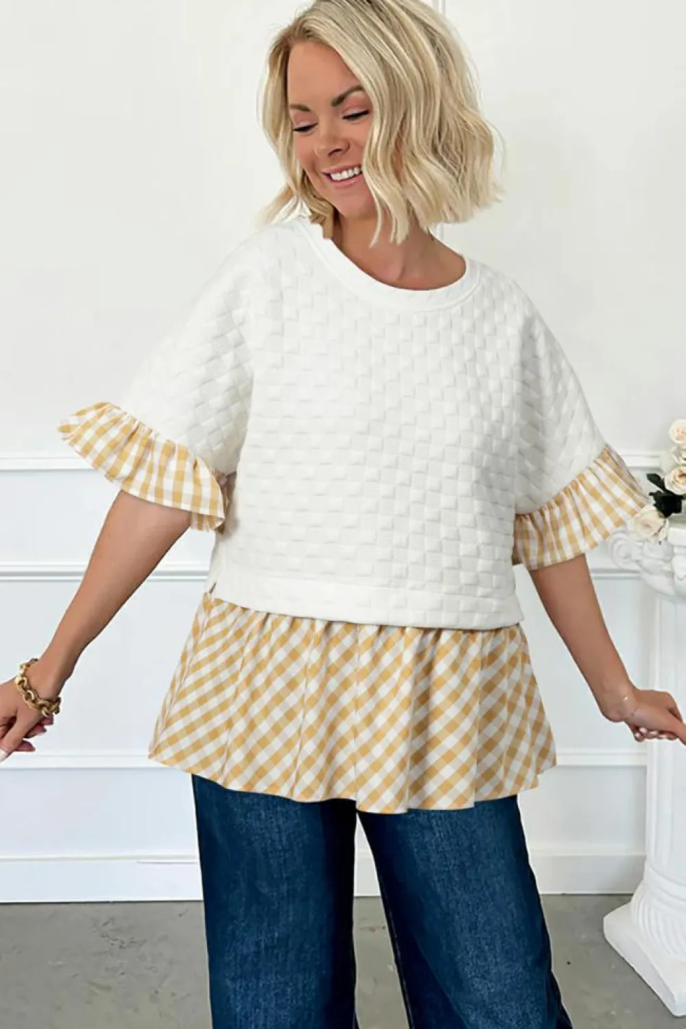 Fashion Dear-Lover Textured Checker Contrast Print Ruffled Sleeve Blouse White