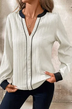 Outlet Dear-Lover Textured Colorblock V Neck Elegant Blouse White