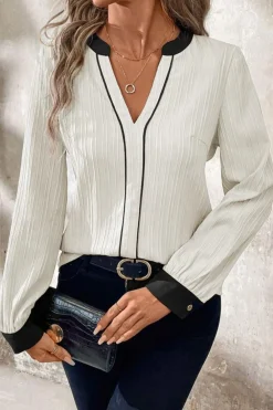 Outlet Dear-Lover Textured Colorblock V Neck Elegant Blouse White