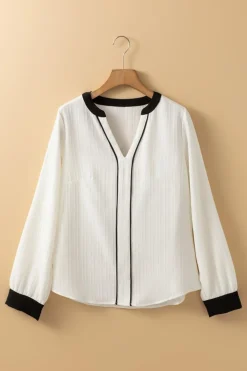 Outlet Dear-Lover Textured Colorblock V Neck Elegant Blouse White