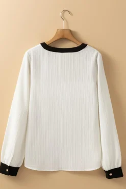 Outlet Dear-Lover Textured Colorblock V Neck Elegant Blouse White