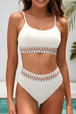 Sale Dear-Lover Textured Contrast Banding Bikini High Waist 2pcs Swimsuit White