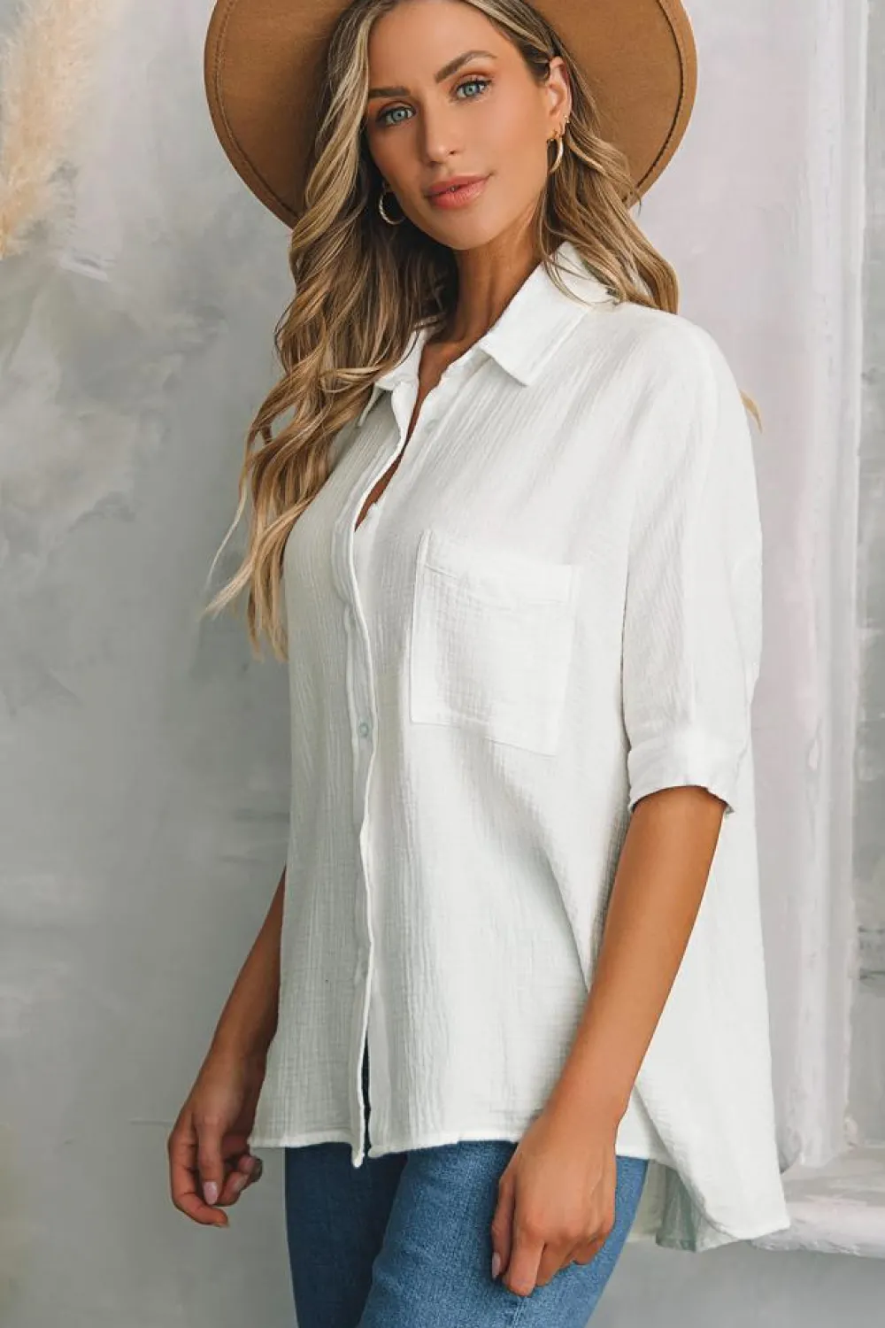 Clearance Dear-Lover Textured Cotton Gauze Single Chest Pocket 3 4 Sleeve Oversize Shirt White