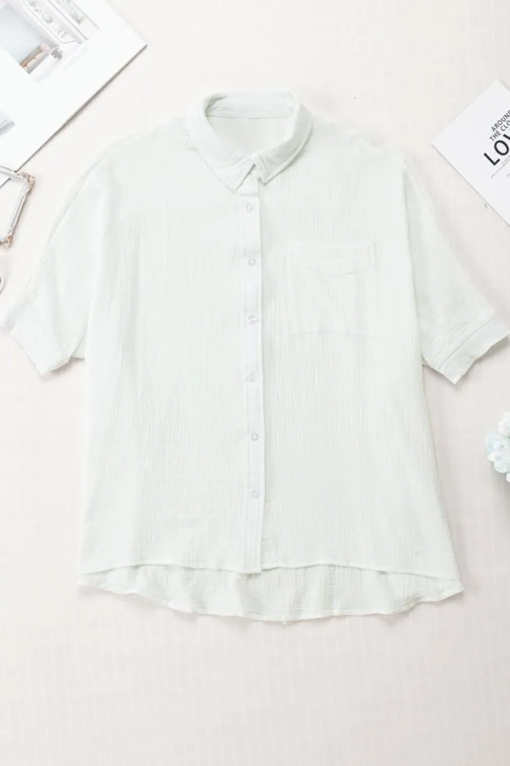 Clearance Dear-Lover Textured Cotton Gauze Single Chest Pocket 3 4 Sleeve Oversize Shirt White