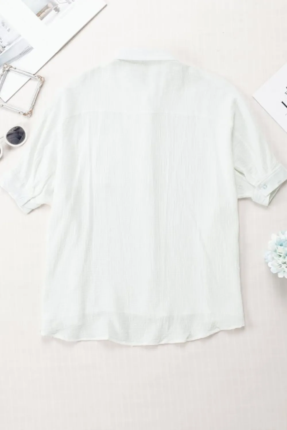 Clearance Dear-Lover Textured Cotton Gauze Single Chest Pocket 3 4 Sleeve Oversize Shirt White