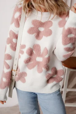 Outlet Dear-Lover Textured Flower Drop Shoulder Loose Sweater White