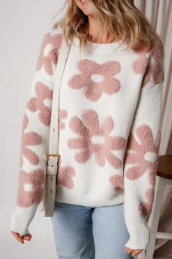 Outlet Dear-Lover Textured Flower Drop Shoulder Loose Sweater White