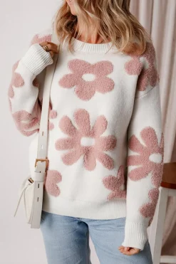 Outlet Dear-Lover Textured Flower Drop Shoulder Loose Sweater White