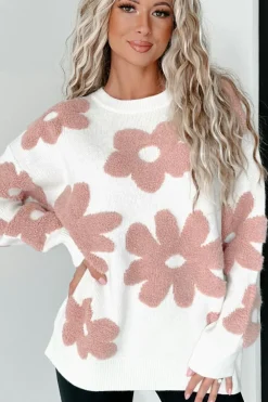 Outlet Dear-Lover Textured Flower Drop Shoulder Loose Sweater White