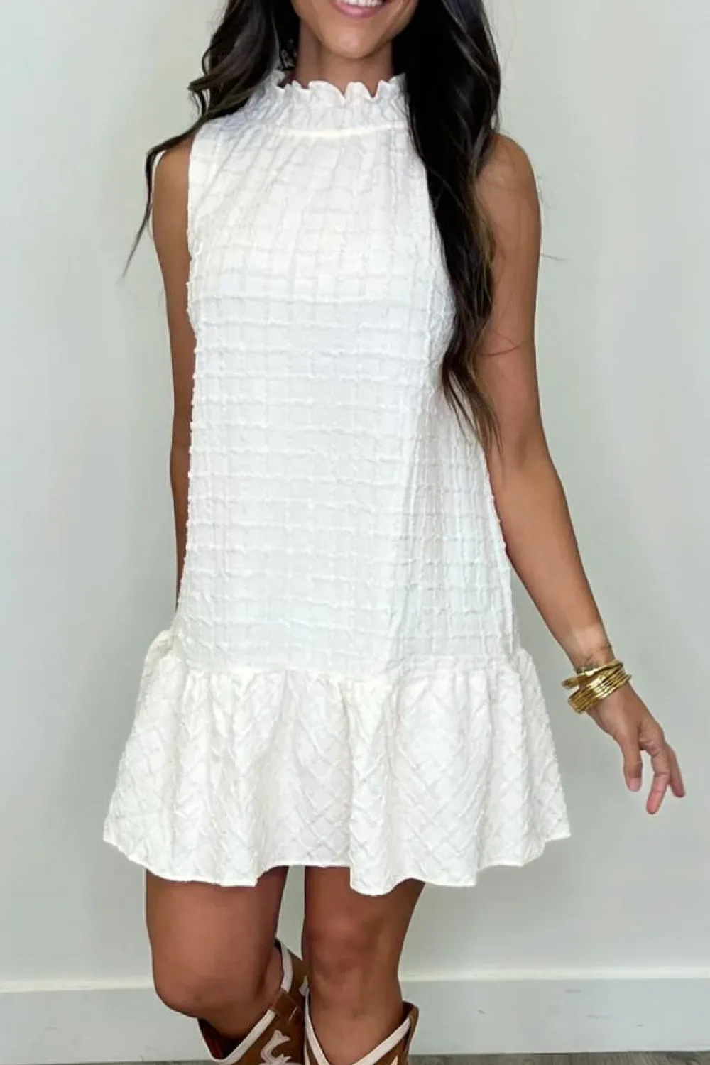 Fashion Dear-Lover Textured Frilled High Neck Sleeveless Ruffled Mini Dress White