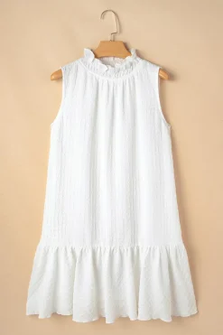 Fashion Dear-Lover Textured Frilled High Neck Sleeveless Ruffled Mini Dress White