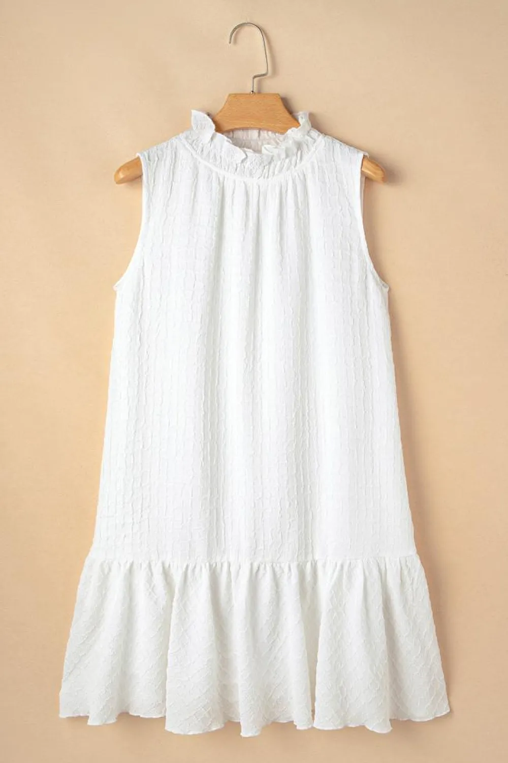 Fashion Dear-Lover Textured Frilled High Neck Sleeveless Ruffled Mini Dress White