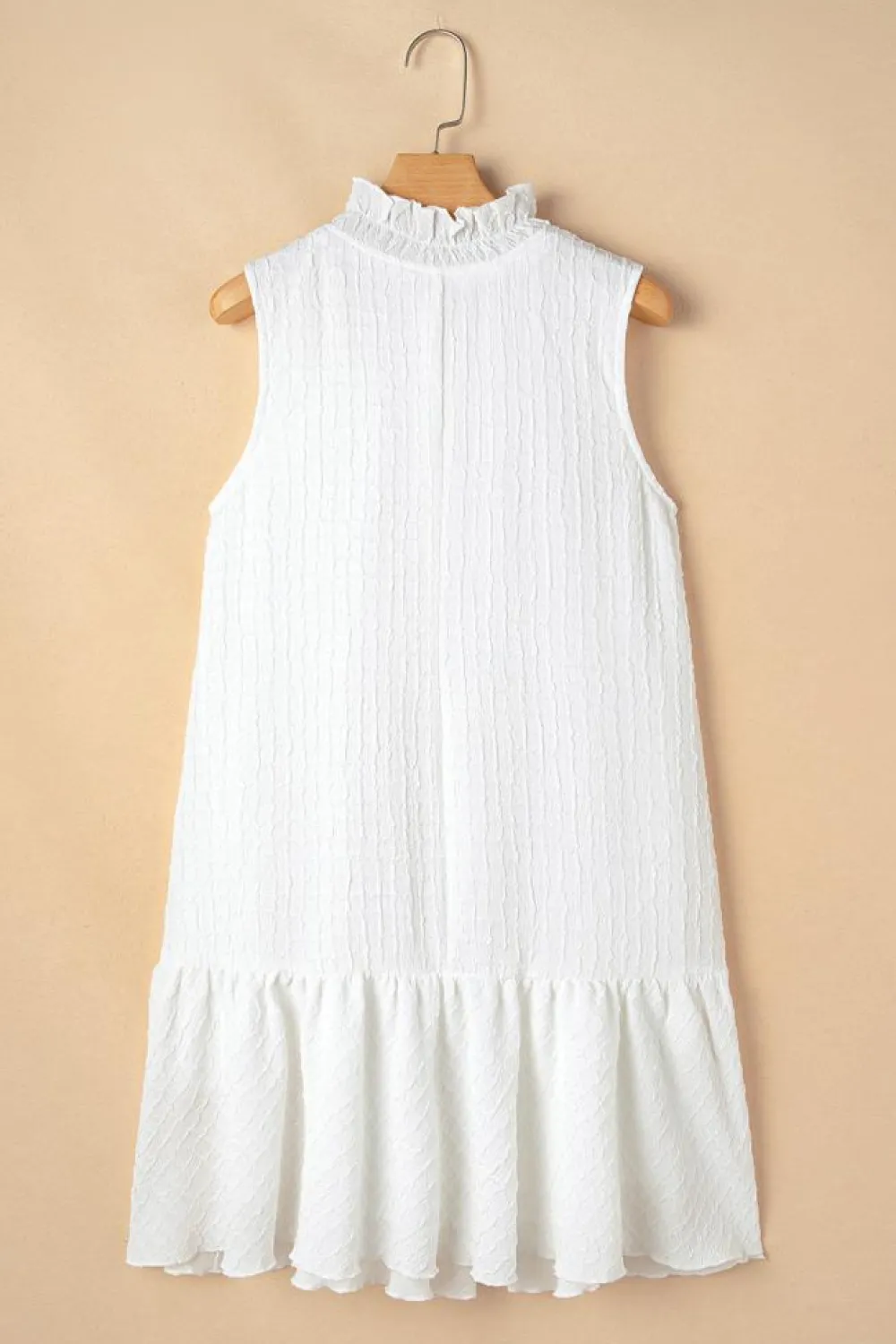 Fashion Dear-Lover Textured Frilled High Neck Sleeveless Ruffled Mini Dress White