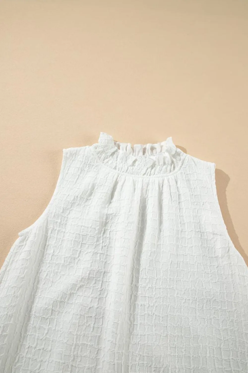 Fashion Dear-Lover Textured Frilled High Neck Sleeveless Ruffled Mini Dress White