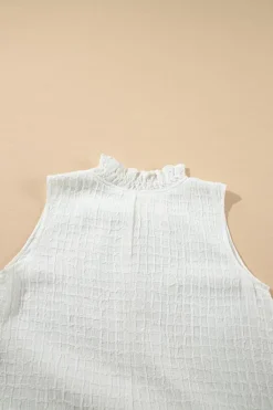 Fashion Dear-Lover Textured Frilled High Neck Sleeveless Ruffled Mini Dress White