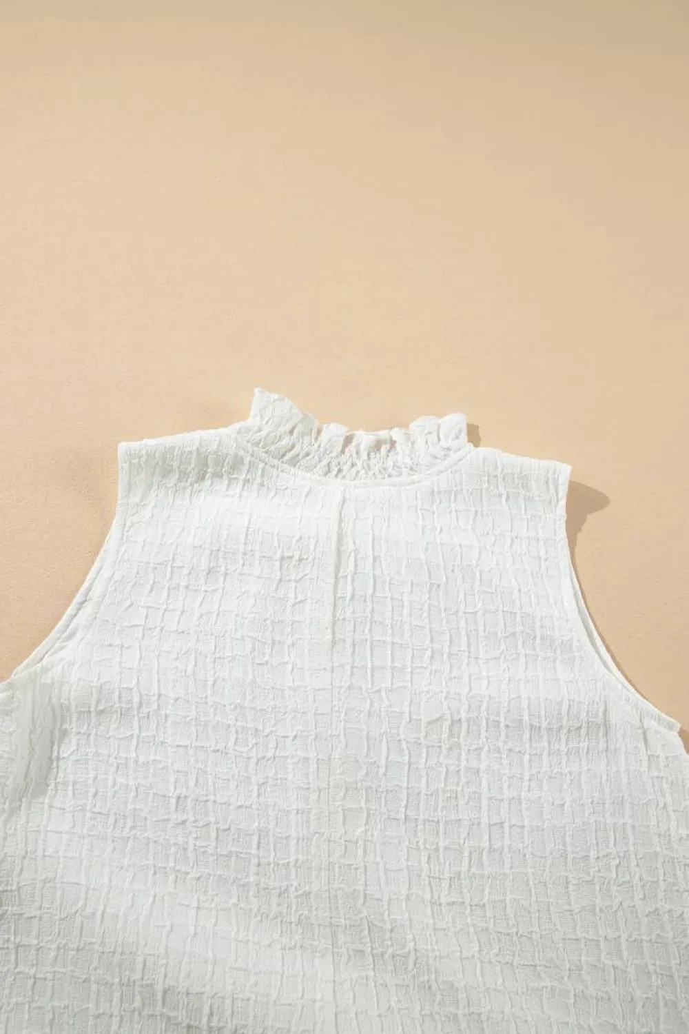Fashion Dear-Lover Textured Frilled High Neck Sleeveless Ruffled Mini Dress White