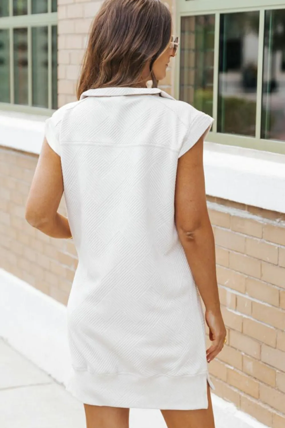 Fashion Dear-Lover Textured Half Zip Collared Cap Sleeve Mini Dress White