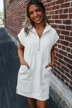 Fashion Dear-Lover Textured Half Zip Collared Cap Sleeve Mini Dress White