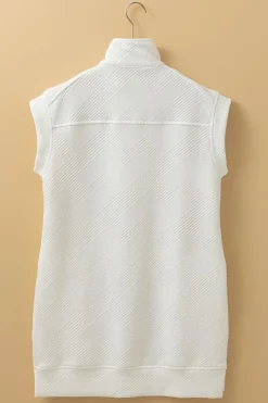 Fashion Dear-Lover Textured Half Zip Collared Cap Sleeve Mini Dress White