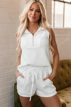 Clearance Dear-Lover Textured Half Zip Tank Top Drawstring Shorts Set White