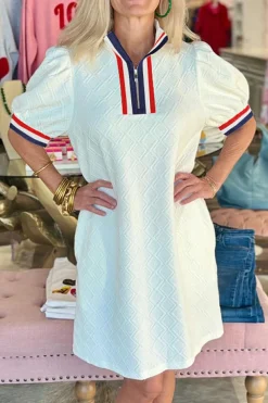 Clearance Dear-Lover Textured Jacquard Colorblock Edge Puff Sleeve Quarter Zip Mini Dress White