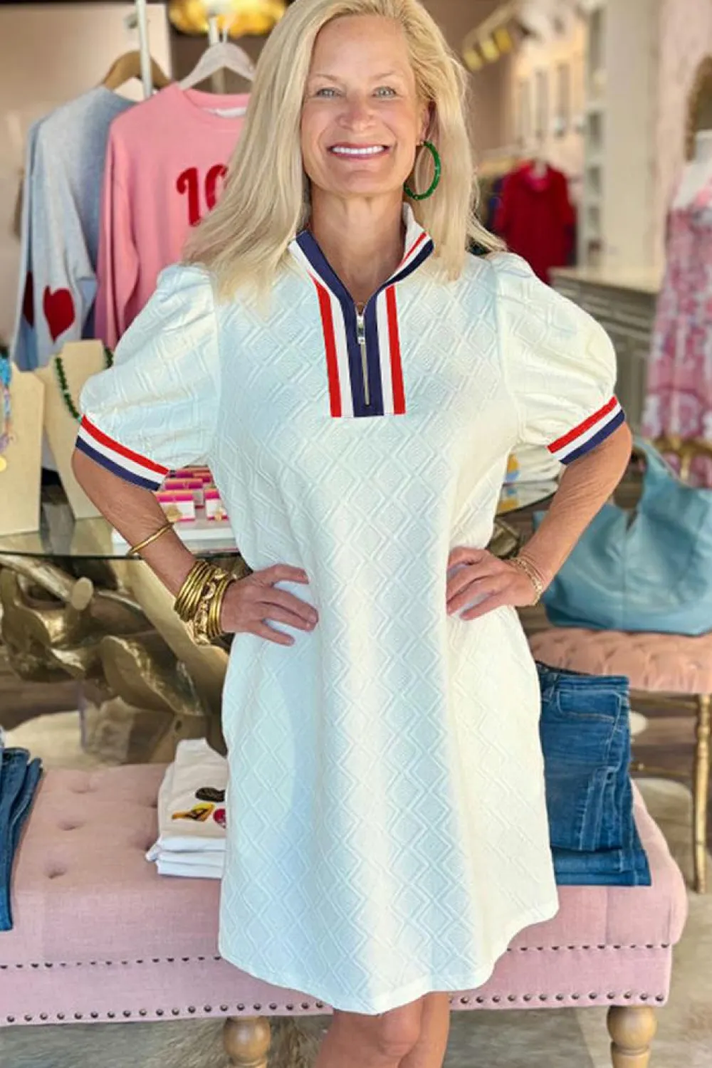 Clearance Dear-Lover Textured Jacquard Colorblock Edge Puff Sleeve Quarter Zip Mini Dress White