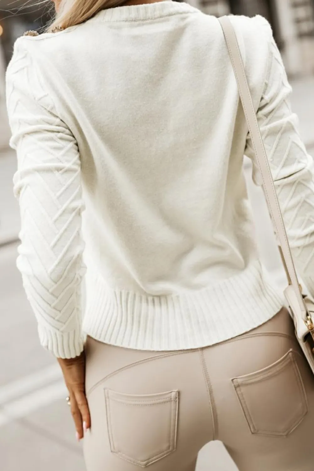 Clearance Dear-Lover Textured Knit Button Decor Pullover Sweater White