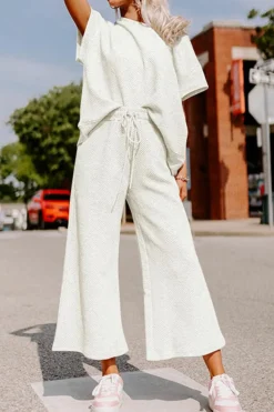 Fashion Dear-Lover Textured Loose Fit T Shirt and Drawstring Pants Set White