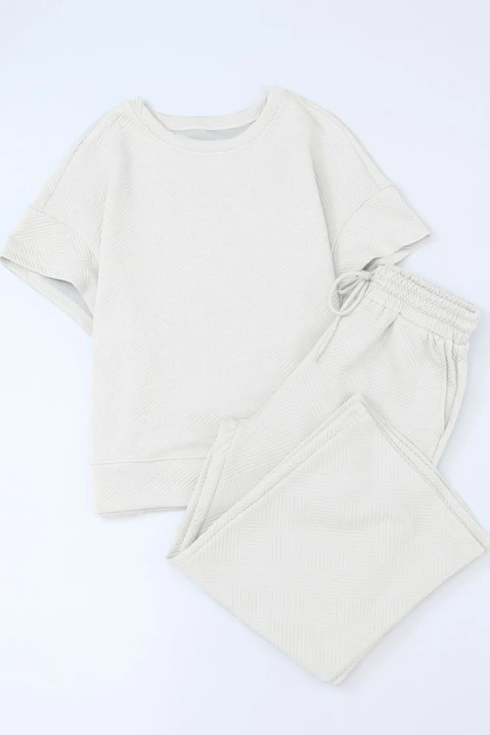 Fashion Dear-Lover Textured Loose Fit T Shirt and Drawstring Pants Set White