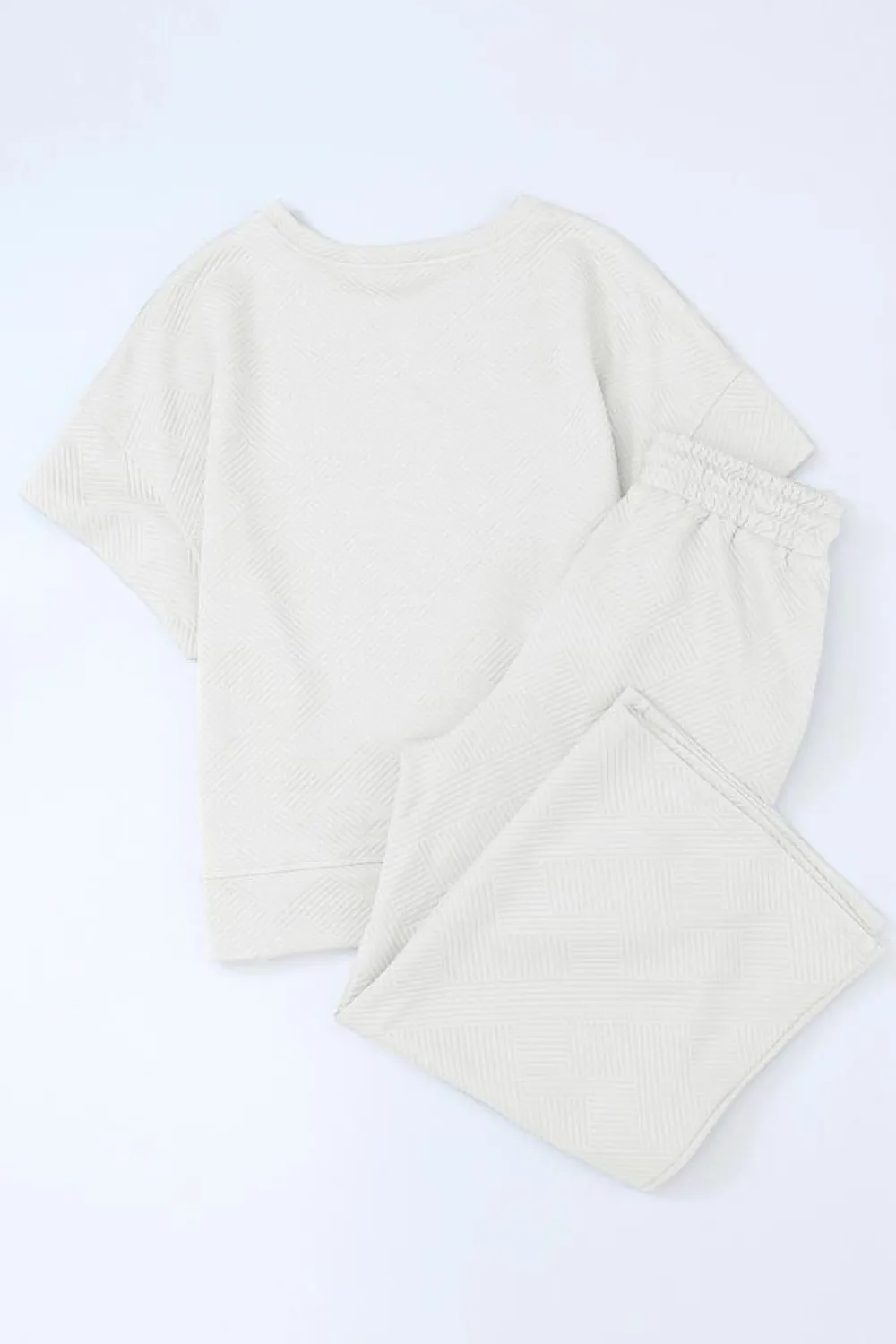 Fashion Dear-Lover Textured Loose Fit T Shirt and Drawstring Pants Set White