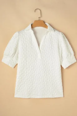 Clearance Dear-Lover Textured Puff Half Sleeve Collared V Neck Top White