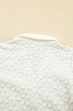 Clearance Dear-Lover Textured Puff Half Sleeve Collared V Neck Top White