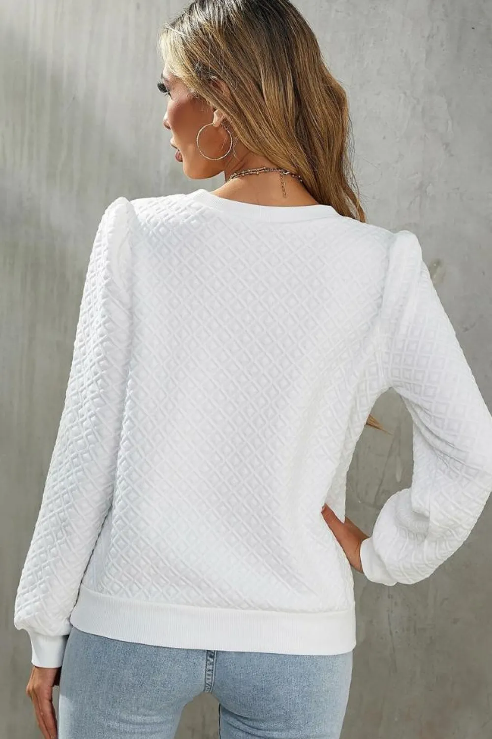 New Dear-Lover Textured Puff Long Sleeve Round Neck Top White