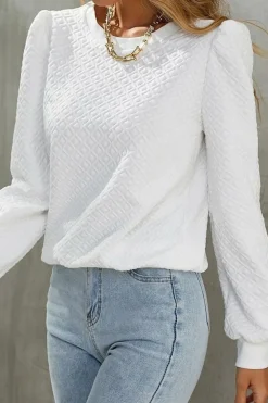 New Dear-Lover Textured Puff Long Sleeve Round Neck Top White