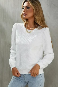 New Dear-Lover Textured Puff Long Sleeve Round Neck Top White