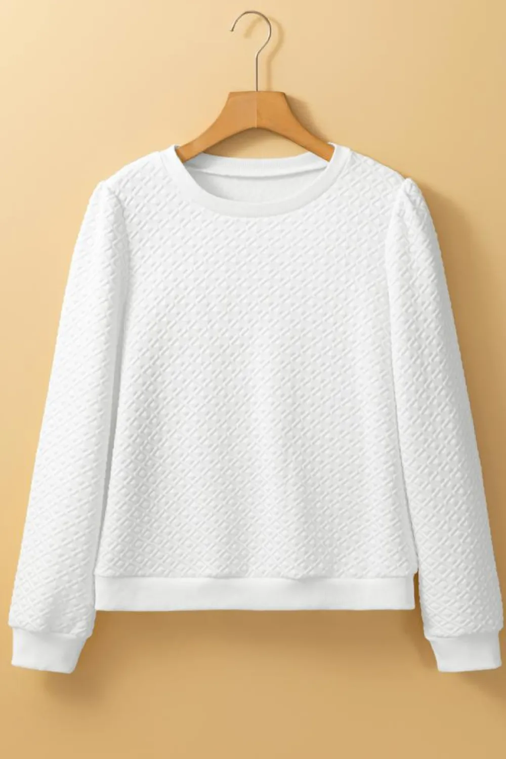 New Dear-Lover Textured Puff Long Sleeve Round Neck Top White