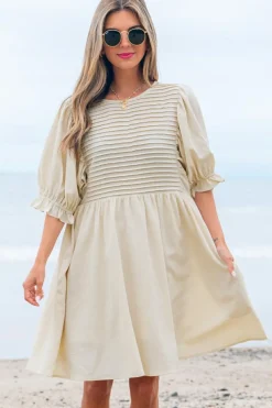 Sale Dear-Lover Textured Ruffled Puff Sleeve Loose Dress White